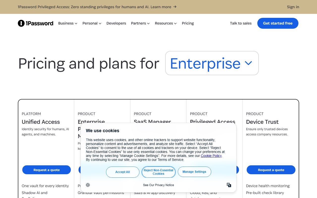 1Password's pricing page as captured on October 21, 2026. Prices and tier contents change; the live page is the source of truth.