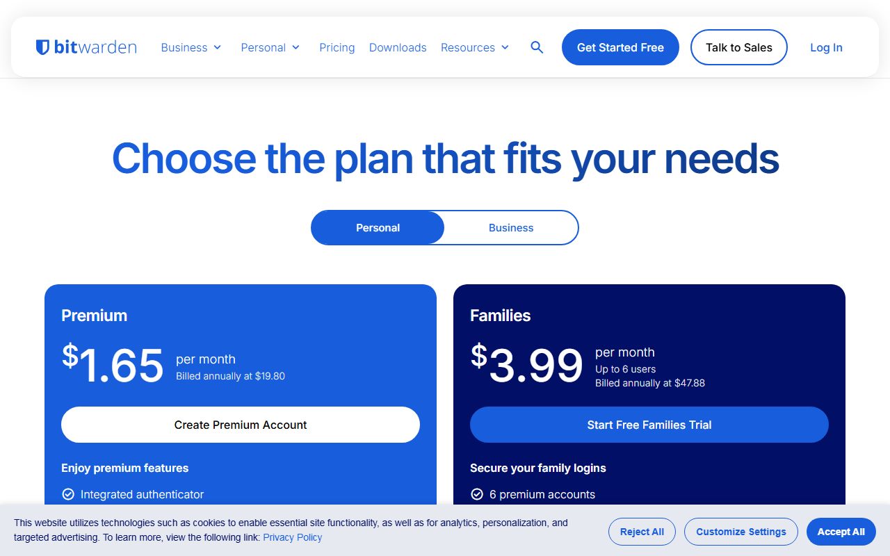 Bitwarden's pricing page as captured on October 22, 2026. Prices and tier contents change; the live page is the source of truth.