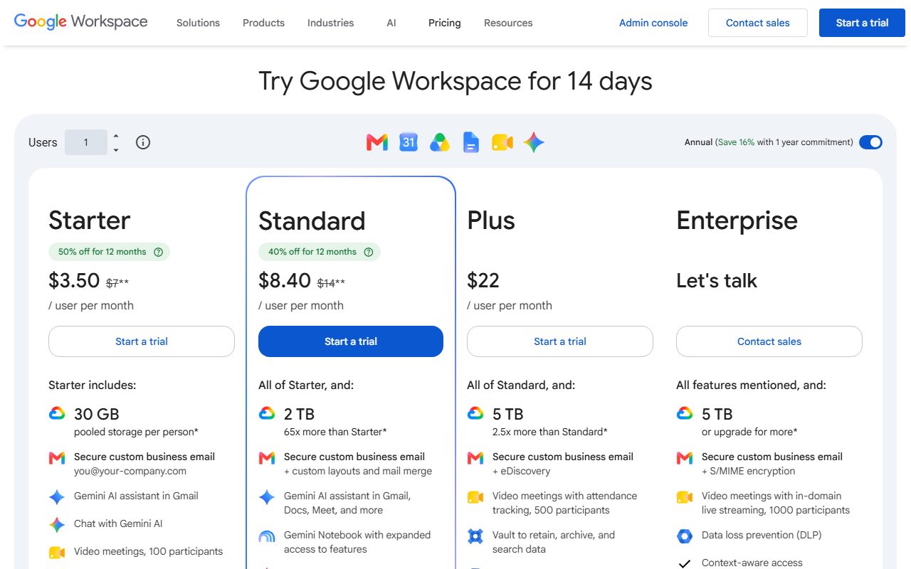 Google Workspace's pricing page as captured on October 12, 2026. Prices and tier contents change; the live page is the source of truth.