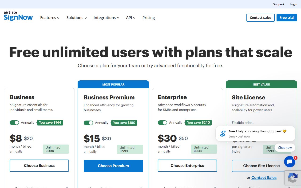 airSlate SignNow's pricing page as captured on October 16, 2026. Prices and tier contents change; the live page is the source of truth.